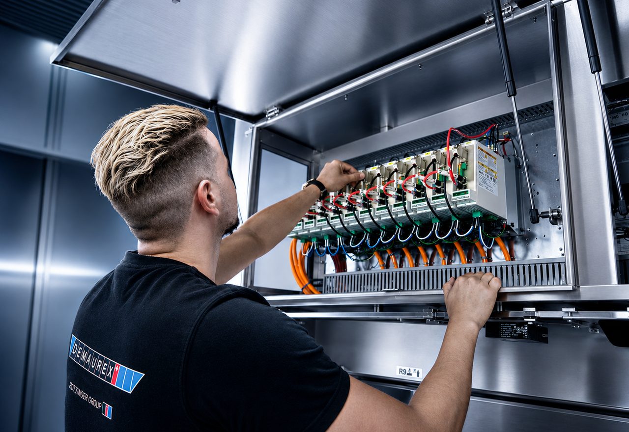 Demaurex technician working inside a machine’s electrical cabinet during modernisation