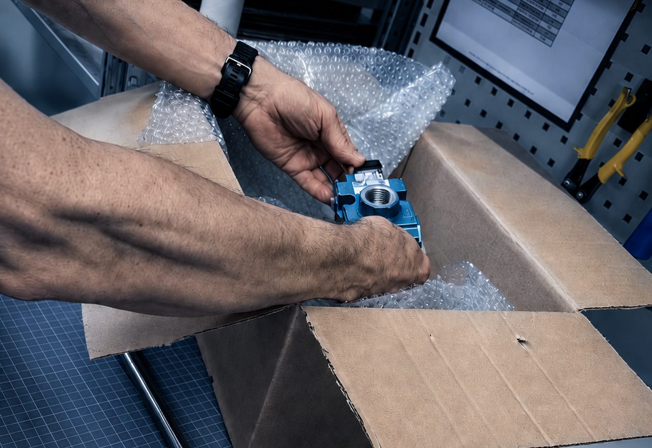Demaurex technician packing a spare part at the shipping station