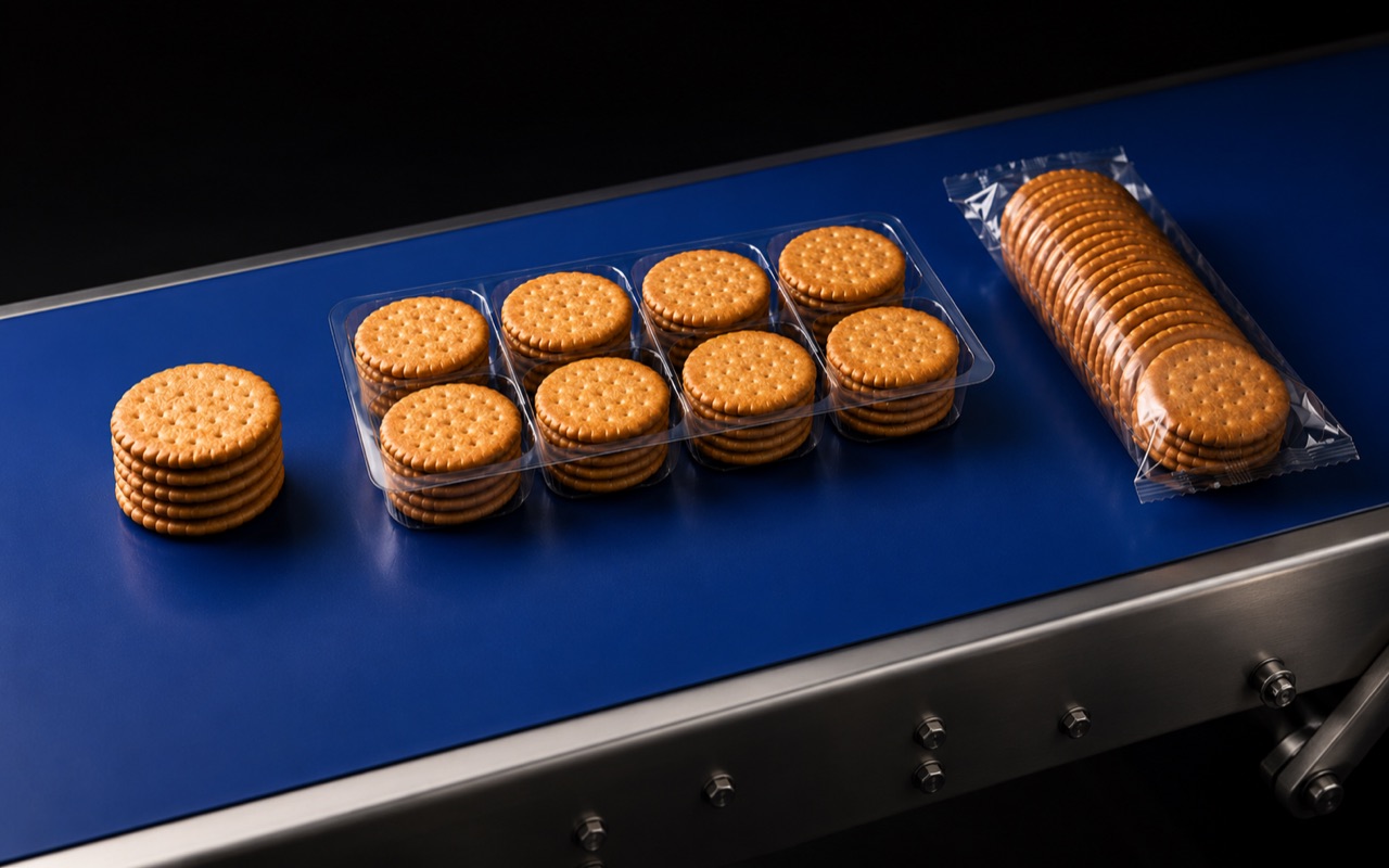 The same biscuit handled in several packaging formats on a Demaurex line