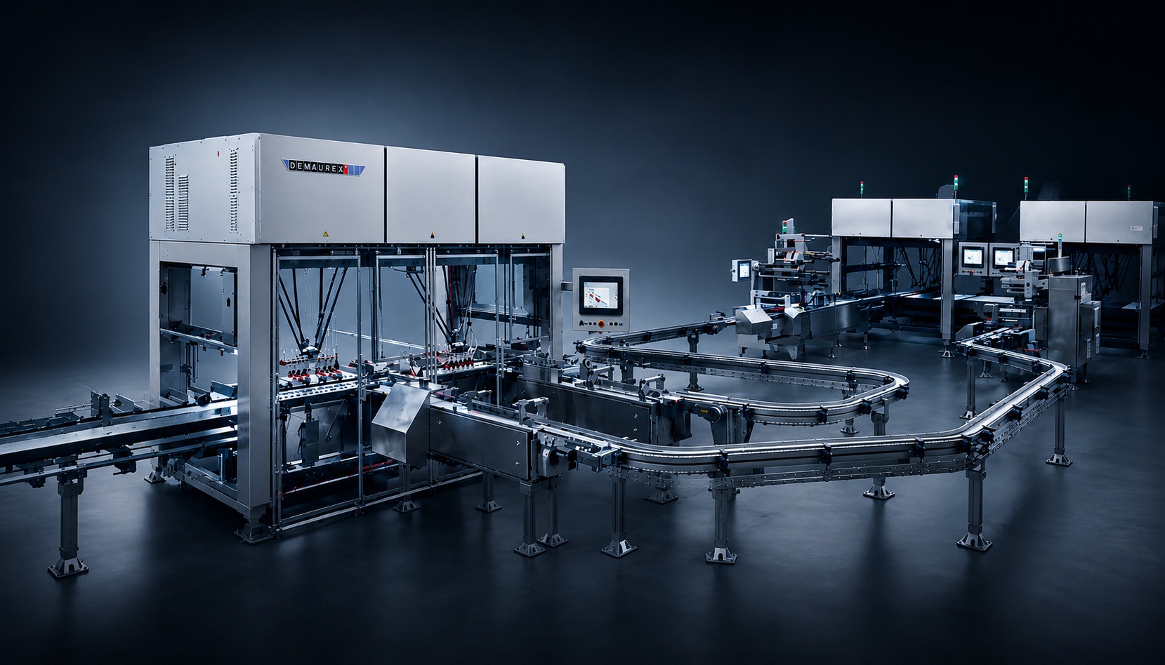 Demaurex Paloma packaging line — delta-robot pick & place cell